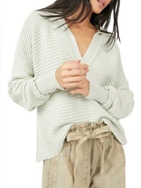 Free People Marlie Oversized Ribbed Sweater Mint Green V Neck Large